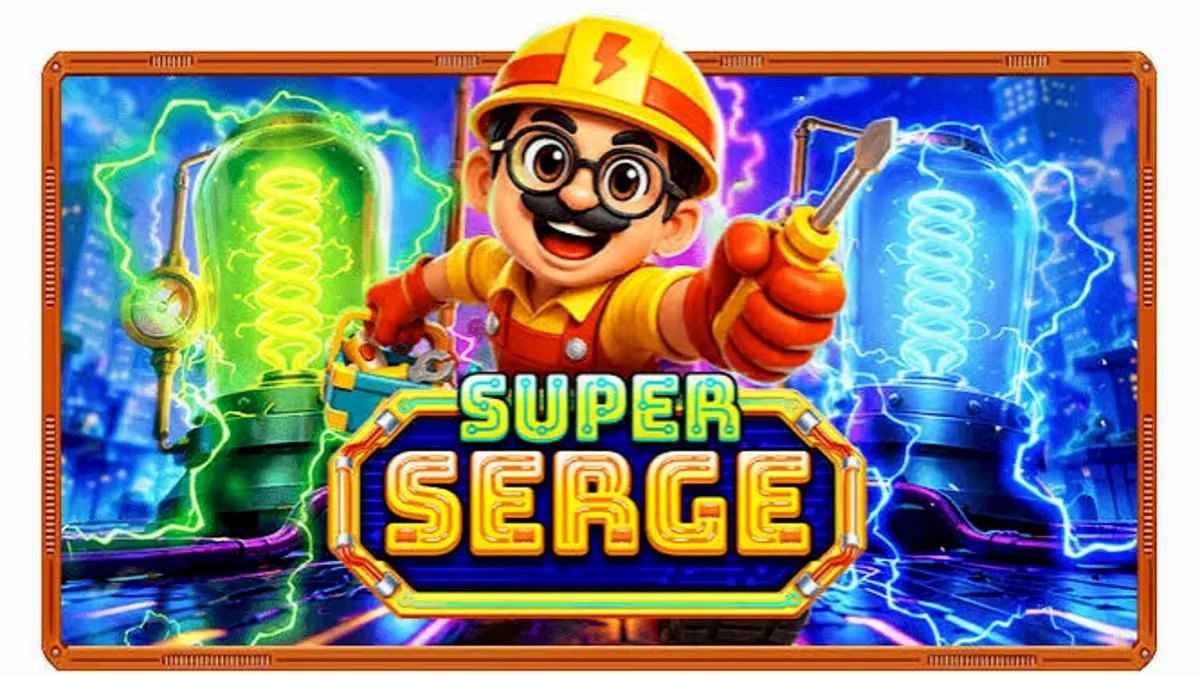 Tampilan visual futuristik dan neon dari slot Super Serge